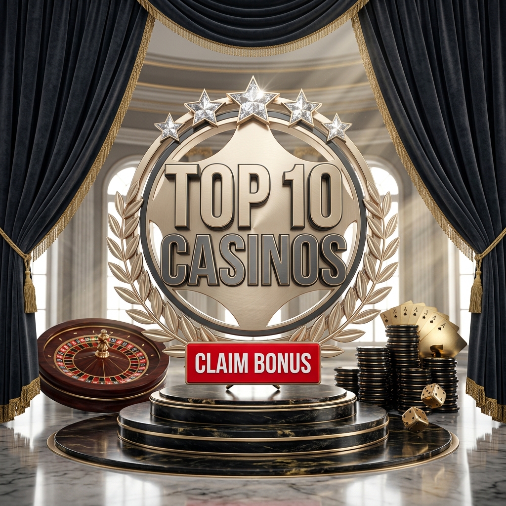 Top 10 casinos emblem with roulette, chips and cards on a marble pedestal